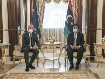 رئيس المجلس الأوروبي يؤكد لرئيس المجلس الرئاسي أهمية الاستقرار والسلام في ليبيا لدول المنطقة 