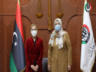 وزيرة العدل حليمة عبد الرحمن ابراهيم تستقبل ممثلة هيئة الأمم المتحدة للمرأة لدى ليبيا بيغونيا لاساغباستر
